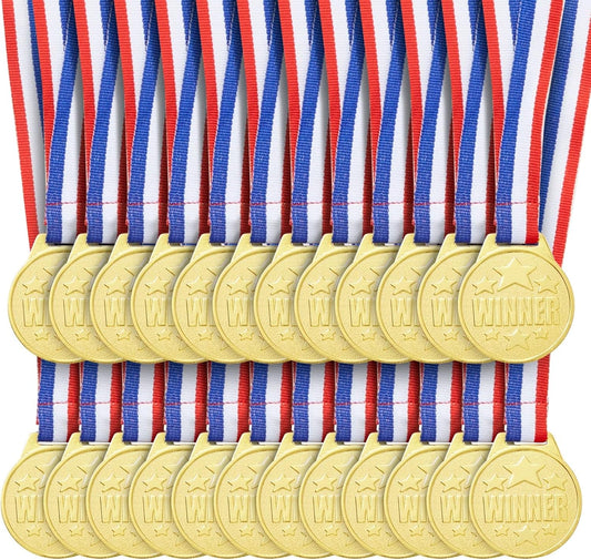 Juvale Gold Medals for Awards - 1.5 in Metal Winner Medals with 15.3 in Red, White & Blue Ribbon - Bulk 24 Pack for Kids & Adults Sports, Academic & Tournament Participation