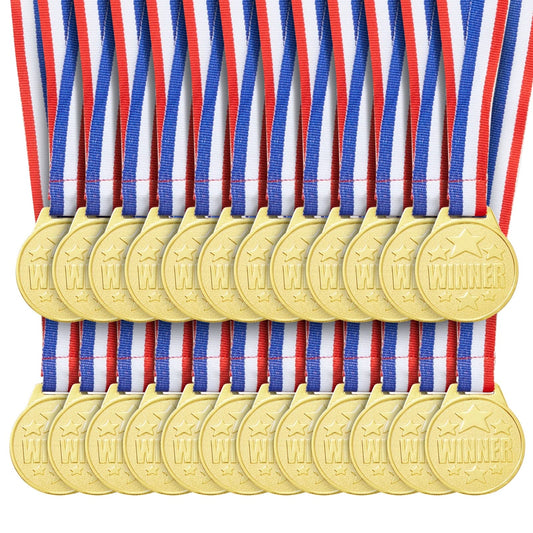 Juvale Gold Medals for Awards - 1.5 in Metal Winner Medals with 15.3 in Red, White & Blue Ribbon - Bulk 24 Pack for Kids & Adults Sports, Academic & Tournament Participation