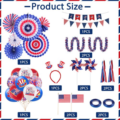 4th of July Bike Decorations Patriotic Bike Decor Set I LOVE USA Sign Banner, Hanging Paper Fans, Tinsel Garland, Streamers, Flags, Balloon for Independence Day Kids Bike Parade Party Favor