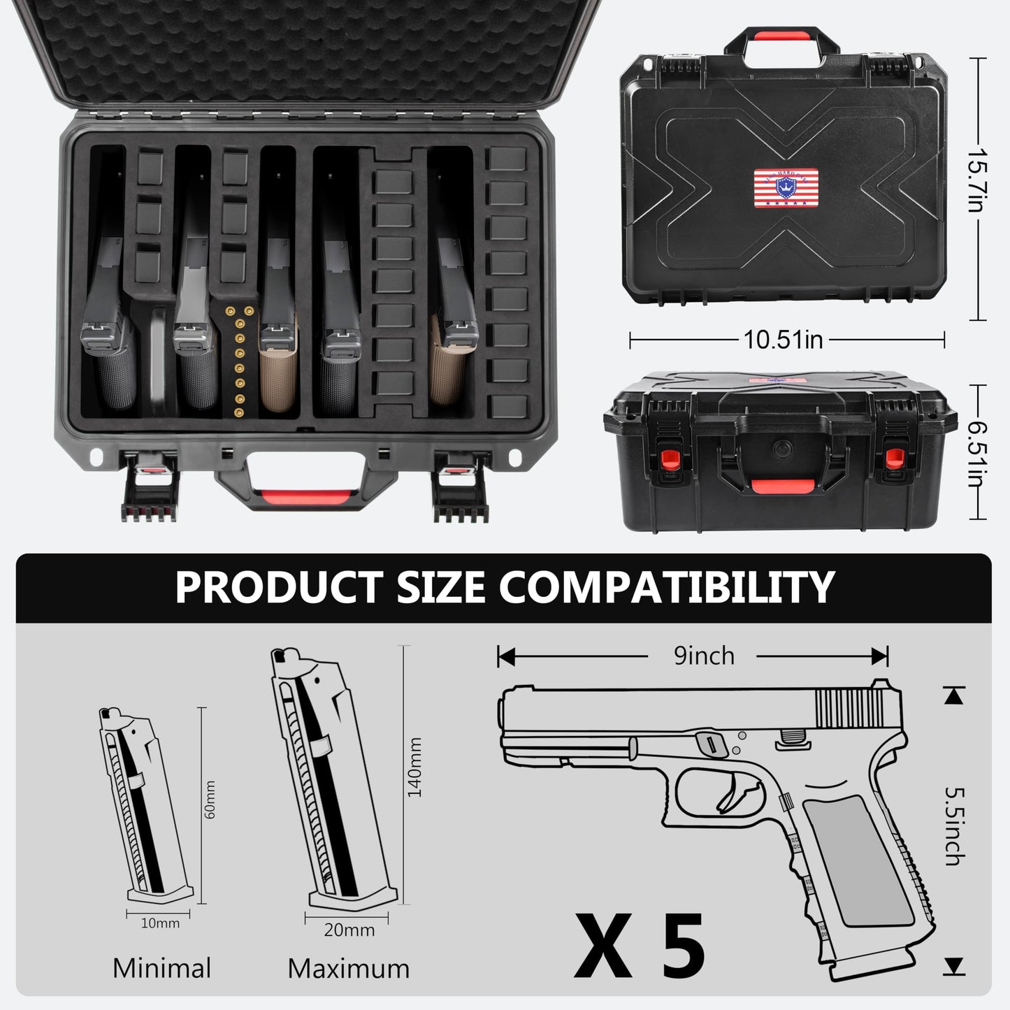 Kinghardcase Gun Case for Handguns 5 Pistol &12 Magazine Pre-Cut Multiple Pistols Shockproof Waterproof Hard Pistol Cases with Desiccant TSA Approved Firearm Travel Case