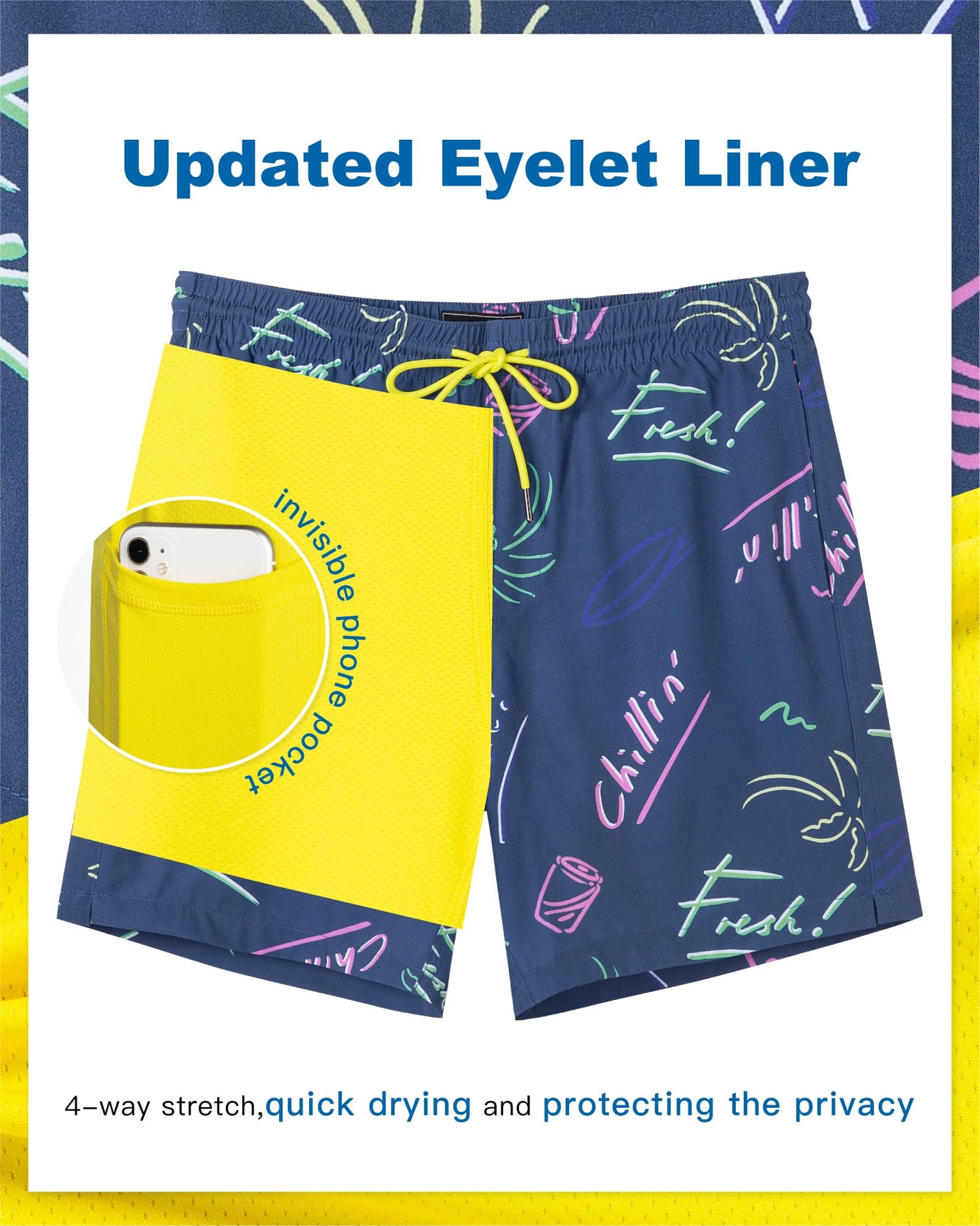 SURF CUZ Mens Swim Trunks with Compression Liner Quick Dry Swim Shorts 7" Swimming Trunks Stretch Bathing Suit Zipper Pockets,Mariner Doodles,XXL