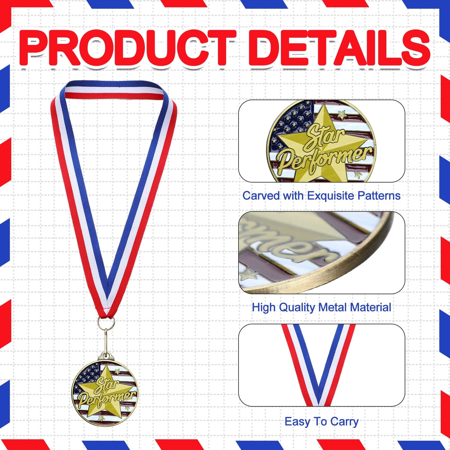 Cunno 20 Pcs Patriotic Star Performer Award Medals Bulk 2'' Gold Academic Medallion with Neck Ribbons Metal Trophy Award Prize Gift for Tournaments Competitions Party