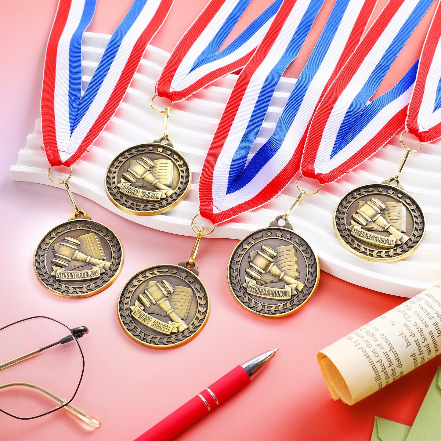 Quelay 30 Pcs 30 Pcs 2'' Award Medals Bulk Gold Winner Medals with Neck Ribbons Metal Trophy Award Prize Gift for Tournaments, Competitions, Party, Kids and Adults (Student Council)