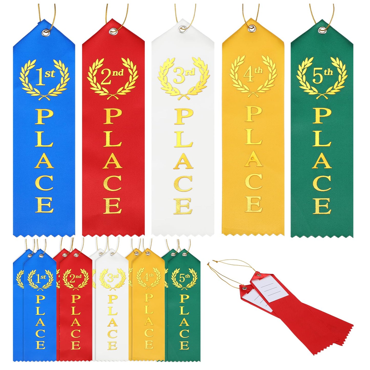 15 Pcs Award Ribbons, 1st 2nd 3rd 4th 5th Place Flat Prize Ribbons Set with Event Card and Rope, First Place Ribbon for Competition Sports Event School Contests(Blue+Red+White+Yellow+Green)