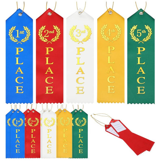15 Pcs Award Ribbons, 1st 2nd 3rd 4th 5th Place Flat Prize Ribbons Set with Event Card and Rope, First Place Ribbon for Competition Sports Event School Contests(Blue+Red+White+Yellow+Green)