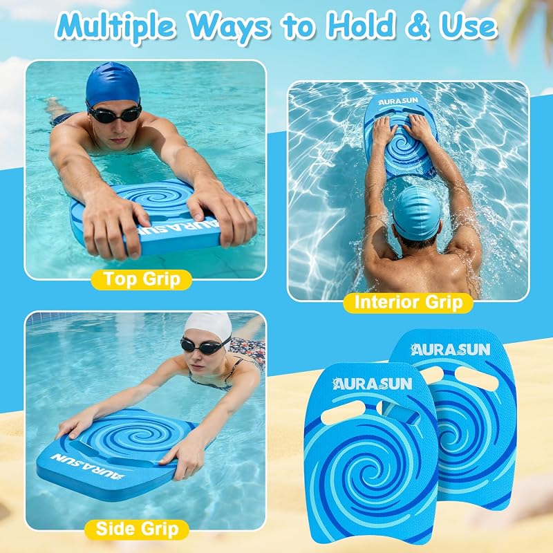 AURASUN 2 Pack Kick Boards for Adults - High Buoyancy Pool Training Aid, Non-Slip 17 x 12.5 x 1.2 in - Blue Variation
