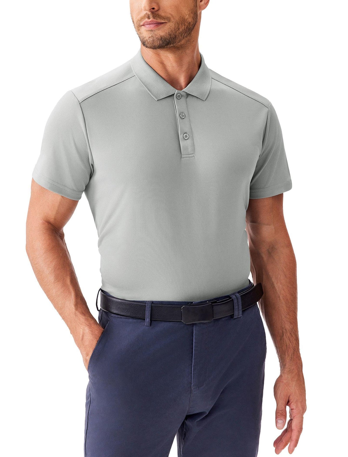 PINSPARK Men's Golf Polo Shirts Moisture Wicking Quick Dry Performance Short Sleeve Collared Shirt Slim Fit Athletic Polos Light Gray