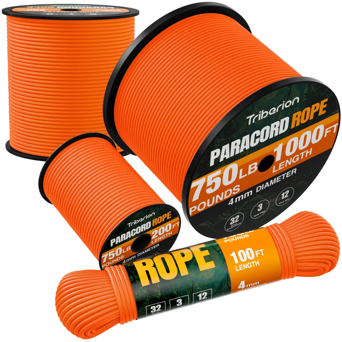 TRIBERION Paracord Rope 750 lb - 200ft 5/32" Parachute Cord 4MM 12-Strand para Cord - Heavy Duty Spool String for Survival,Camping Gear, Survival Bracelet, Clothesline - Orange