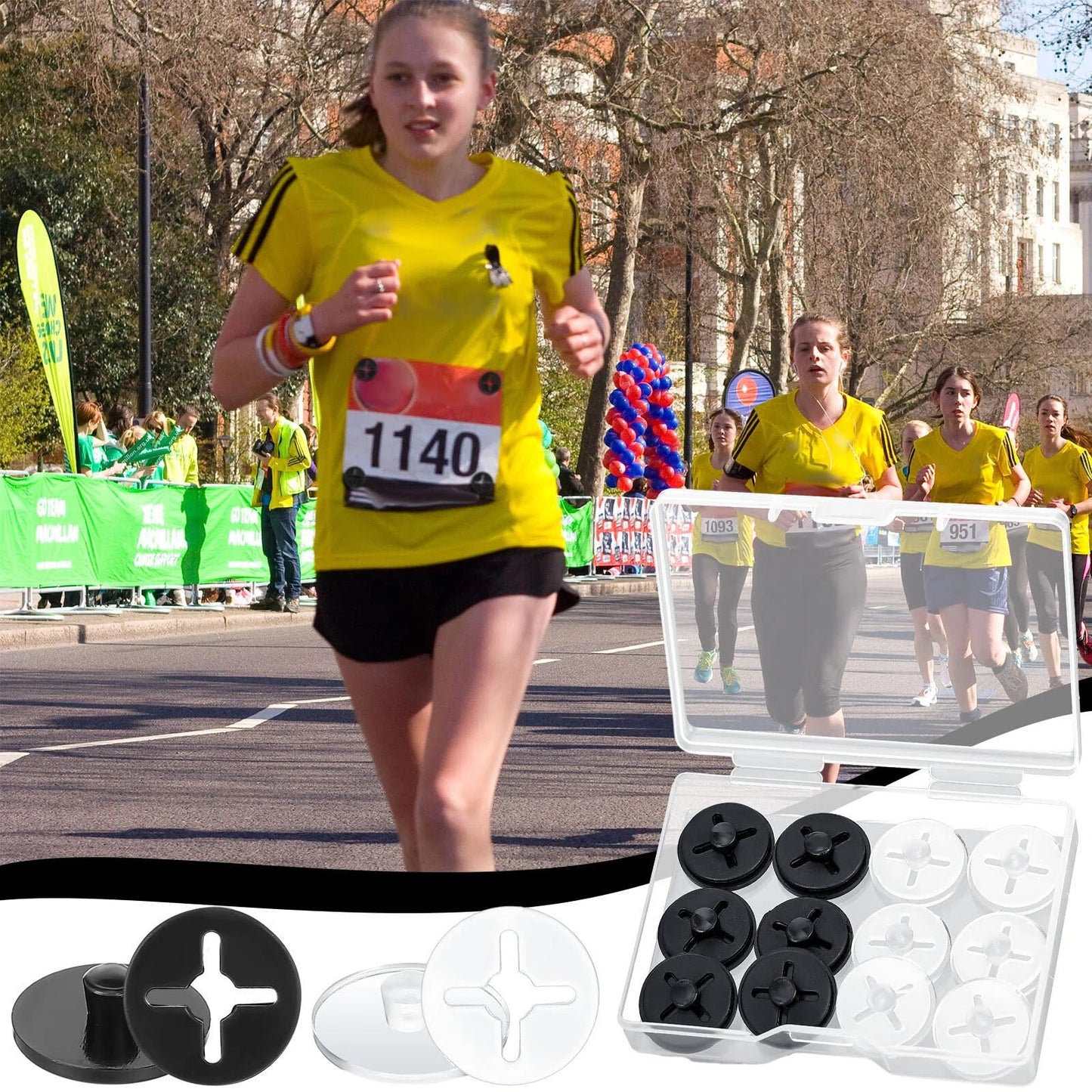 Wavwavw 12 Pcs Running Bib Clips Race Number Buckle Fixing System Triathlon Race Bib Holder Running Fixing Clips Field Events Fastener Holder for Runners Marathon Skating(Clear and Black)