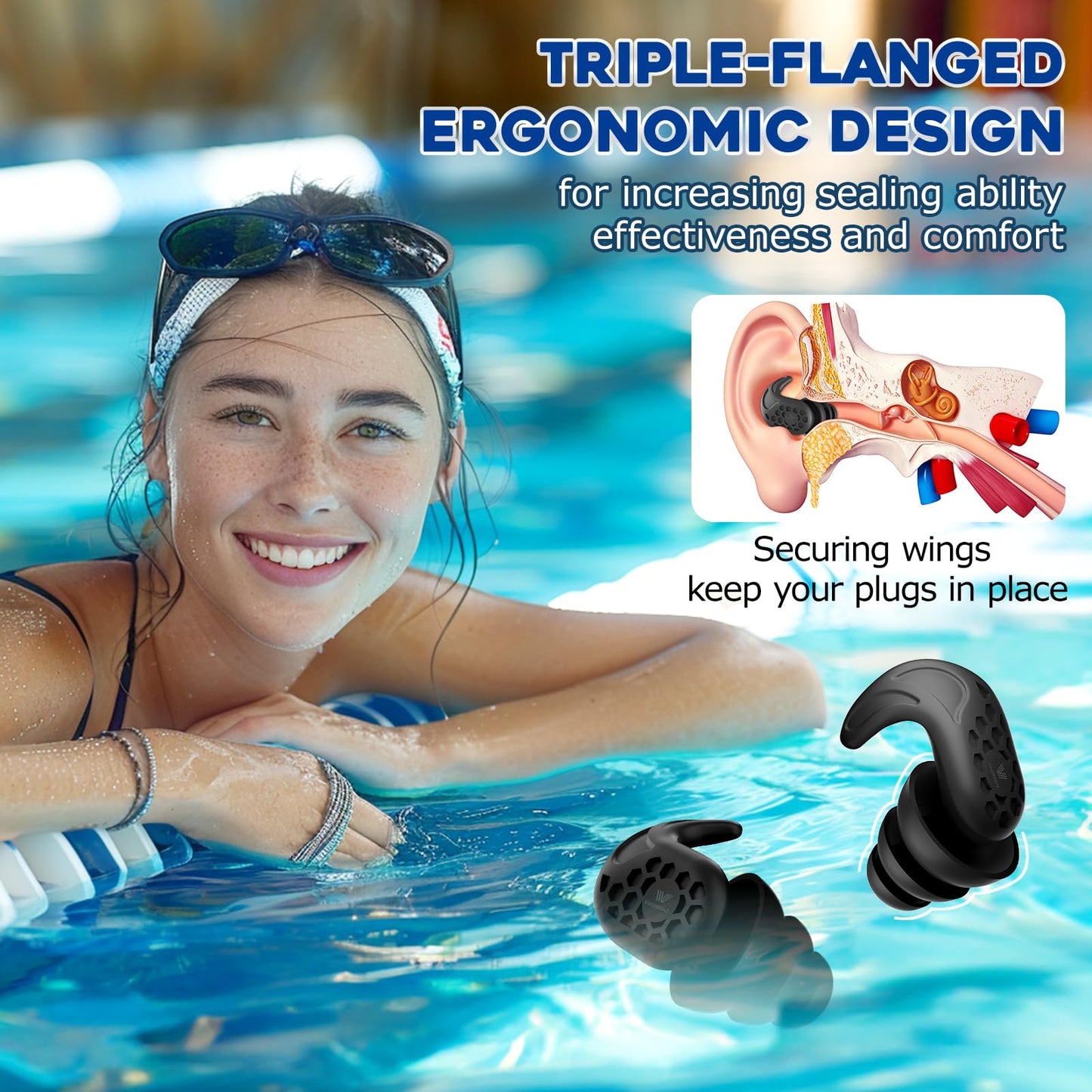Swimming Ear Plugs, VIGOROAD 2 Pairs Waterproof Ultra Comfy Reusable Silicone Swimming earplugs for Swimmers, Shower, Bathing, Surfing, Pool and Other Water Sports(Adults, Teens & Kids 9+)