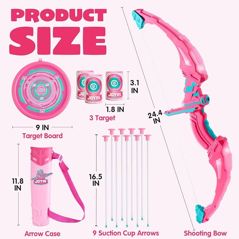 Pink Bow and Arrow Set for Girls with LED Light-Up Bow, 9 Suction Arrows, Target & Case – Indoor/Outdoor Play (Variation: Pink)