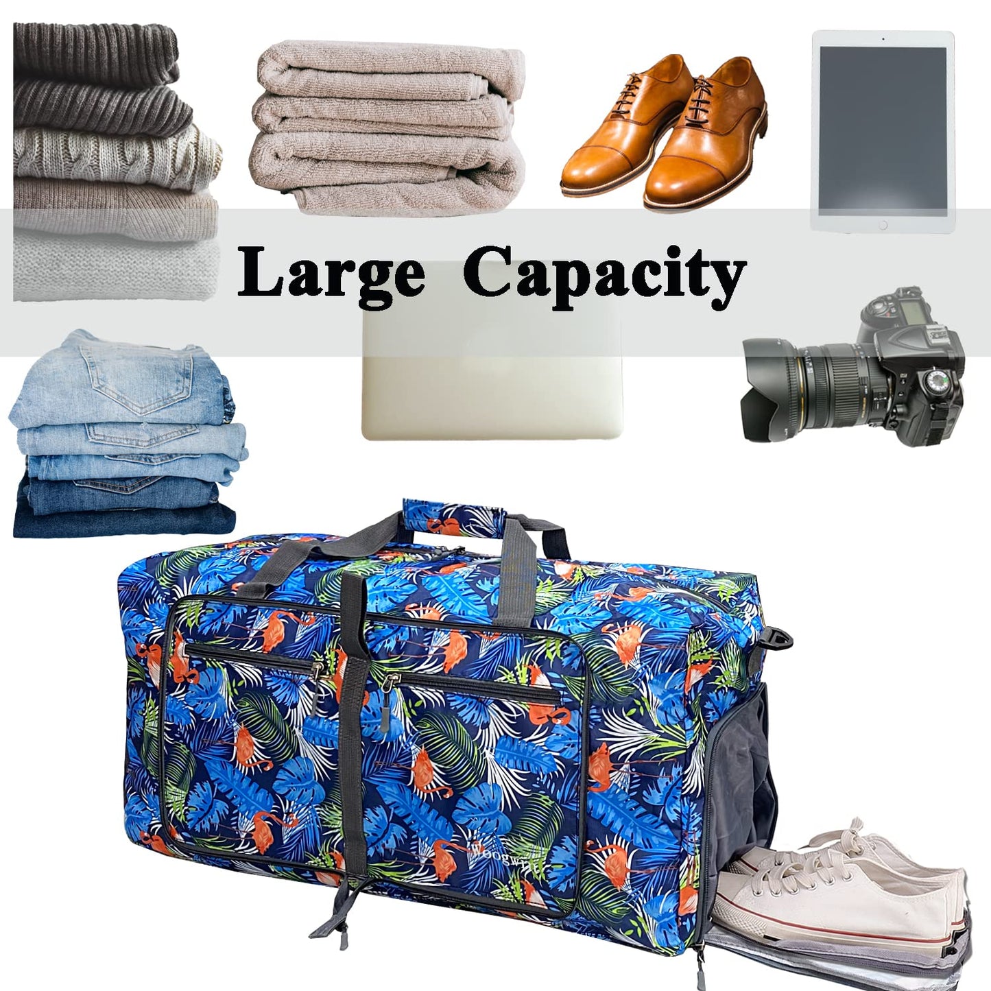 Woogwin Travel Duffel Bag Large Foldable Waterproof Overnight Bag for Beach Swim Bags Pool Sports Gym (Light Blue Leaf)