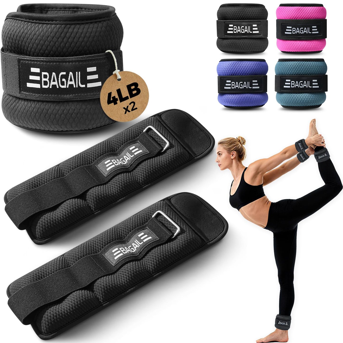 BAGAIL Ankle Wrist Weights for Women & Men, Set of 2 (4 lb Each, 8 lbs Total), Wearable Leg Arm Weights with Sleek Design & Secure Fit for Walking, Running, Pilates, Home Fitness - 4lb x 2, Black