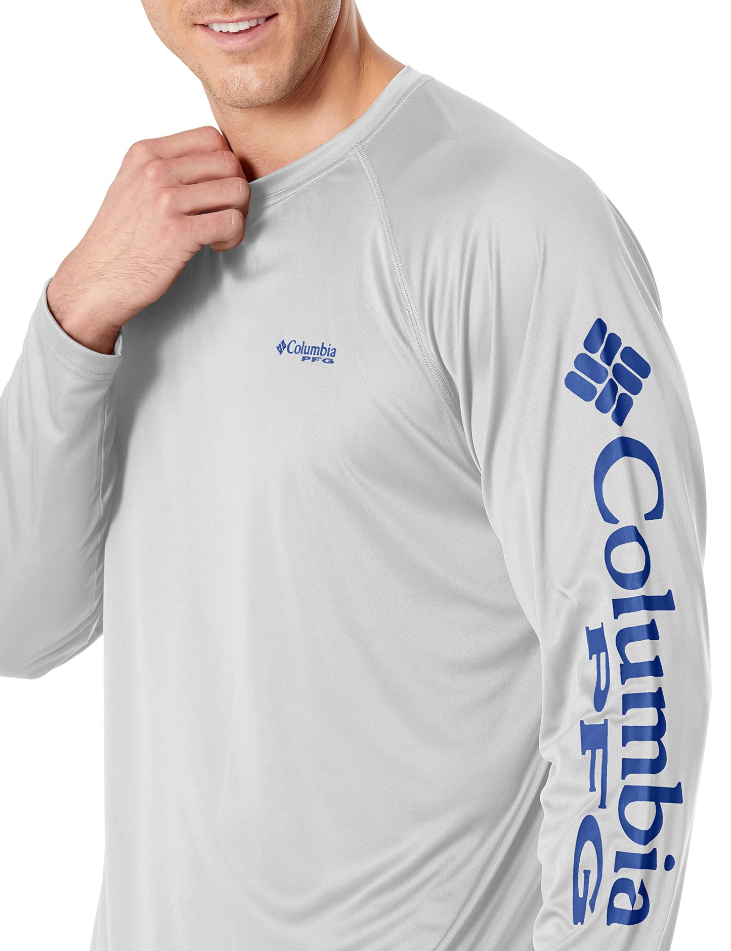 Columbia Men's PFG Terminal Tackle Long Sleeve Fishing Shirt, Cool Grey/Vivid Blue Logo, 3X Tall