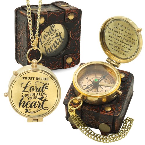 Antique Handmade Brass Compass with Leather Case – “Trust in The Lord” – Birthday, Wedding, Anniversary, Baptism, Confirmation, First Communion, Retirement Gift for Husband, Boys, Son, Men, Women