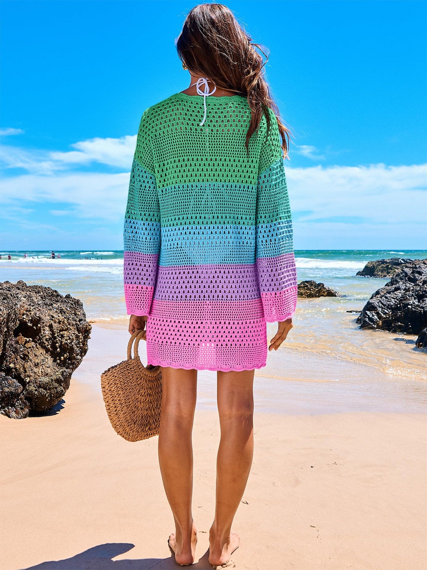 ANRABESS Women Swimsuit Crochet Swim Cover Up 2026 Summer Bathing Suit Swimwear Mesh Knit Beach Dress Vacation Outfits Rainbow Stripe Colorful X-Large