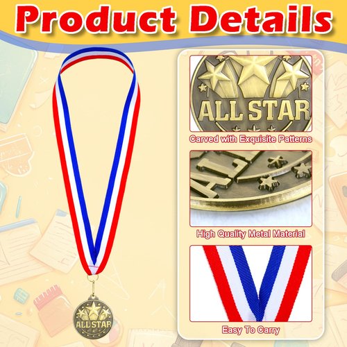Quelay 60 Pcs Gold Award Medals with Neck Ribbons 2 Inch Winner Medals Awards Bulk Metal Trophy Award Prize Gift for Adult Competitions Education Tournaments Event(All Star)