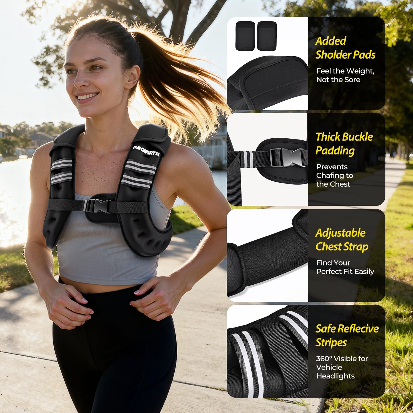 PACEARTH Weighted Vest,6lb/8lb/10lb/12lb/16lb/20lb/25lb/30lb Weight Vest with Reflective Stripe, Body Weight Vests for Women, Men, Weight Loss Workout, Strength Training, Running, Walking, Jogging