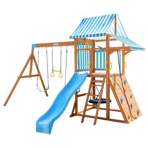 Teamson Kids Wooden Swing Sets for Backyard Outdoor Playset with Slide Rock Wall Trapeze Bar Fireman Pole Pirate Wheel Kids Playground with Swingset Holds 9 Children Ages 3 to 10