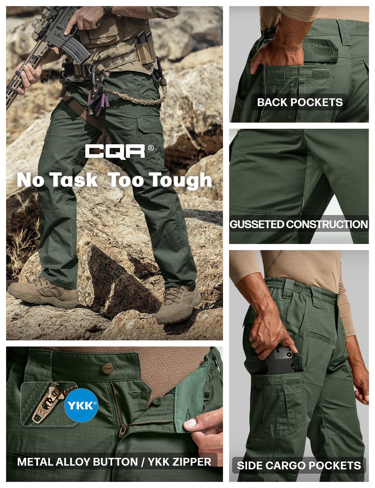 CQR Men's Tactical Pants, Water Resistant Ripstop Cargo Pants, Lightweight EDC Work Hiking Pants, Outdoor Apparel, Raider Green Kelp, 46W x 30L