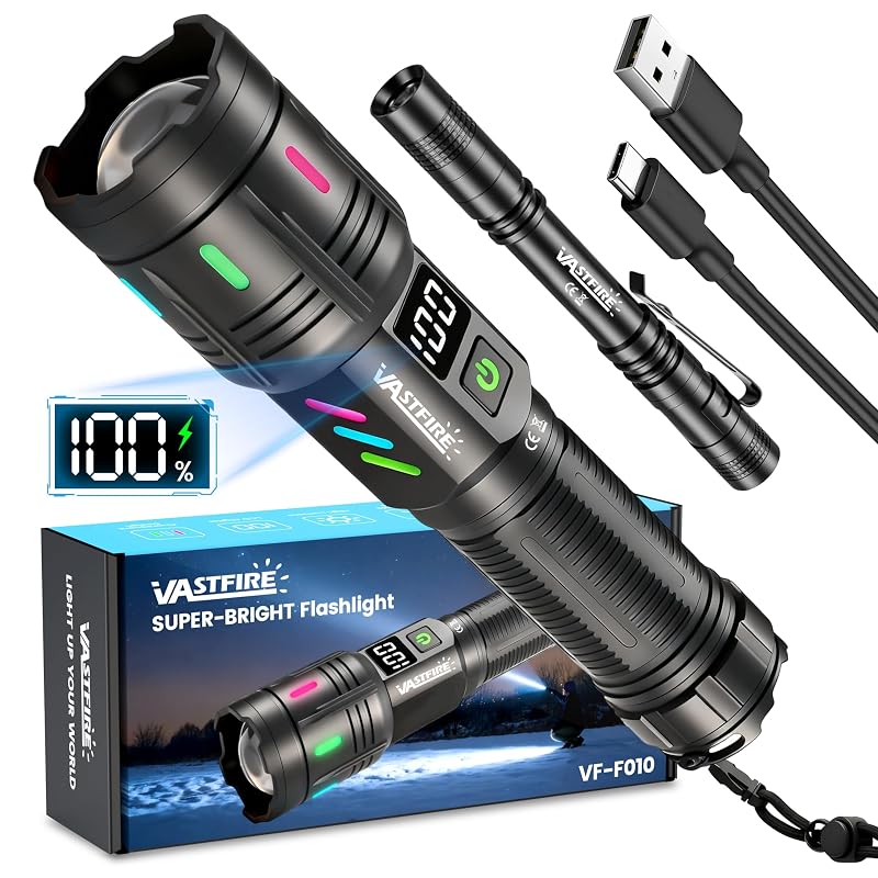 Rechargeable Flashlight, 5000 Ft Long-Range, 30W LED, Dual USB-C — Deep Black