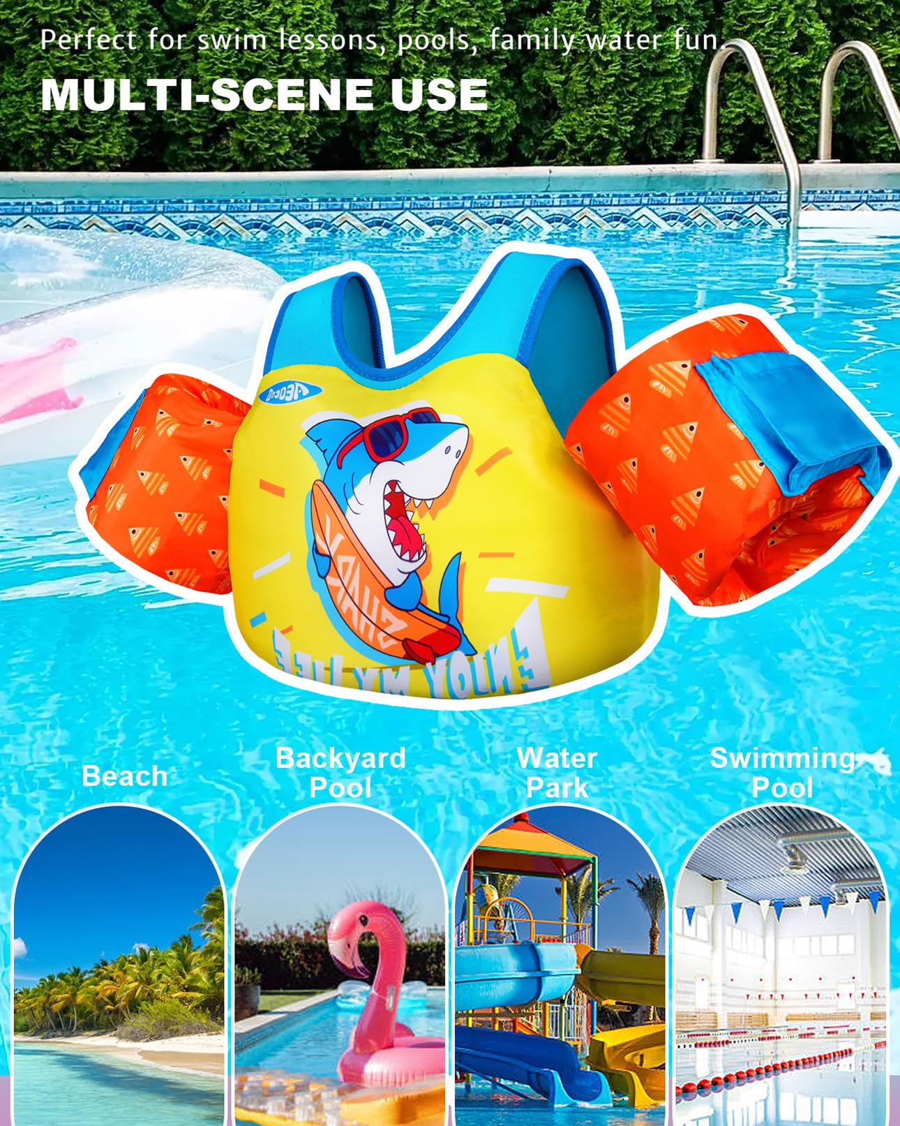 AEOCOO Puddle Float Jumper 30-50-60-66 Pounds, Toddler Swim Vest for 2-3-5-7 Years Old, Pool Floats with Swimming Arm Floaties Swim Jacket for Kids Swimmies, Boys, Girls, Niños, Shark