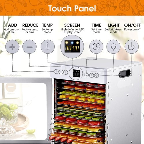 Food Dehydrator for Jerky, 12 Stainless Steel Trays, 1200W Fruit Dehydrator, 24H Timer and 190°F Temperature Control, Overheat Protection, Food Dryer for Jerky, Herbs, Fruit, Dog Treats