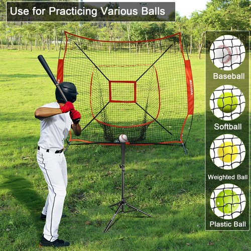 BaseGoal 7'×7' Baseball Softball Practice Net,Baseball Backstop,with Batting Tee,for Hitting Pitching Batting Catching with Bow Frame,Bonus Strike Zone (Red-A)