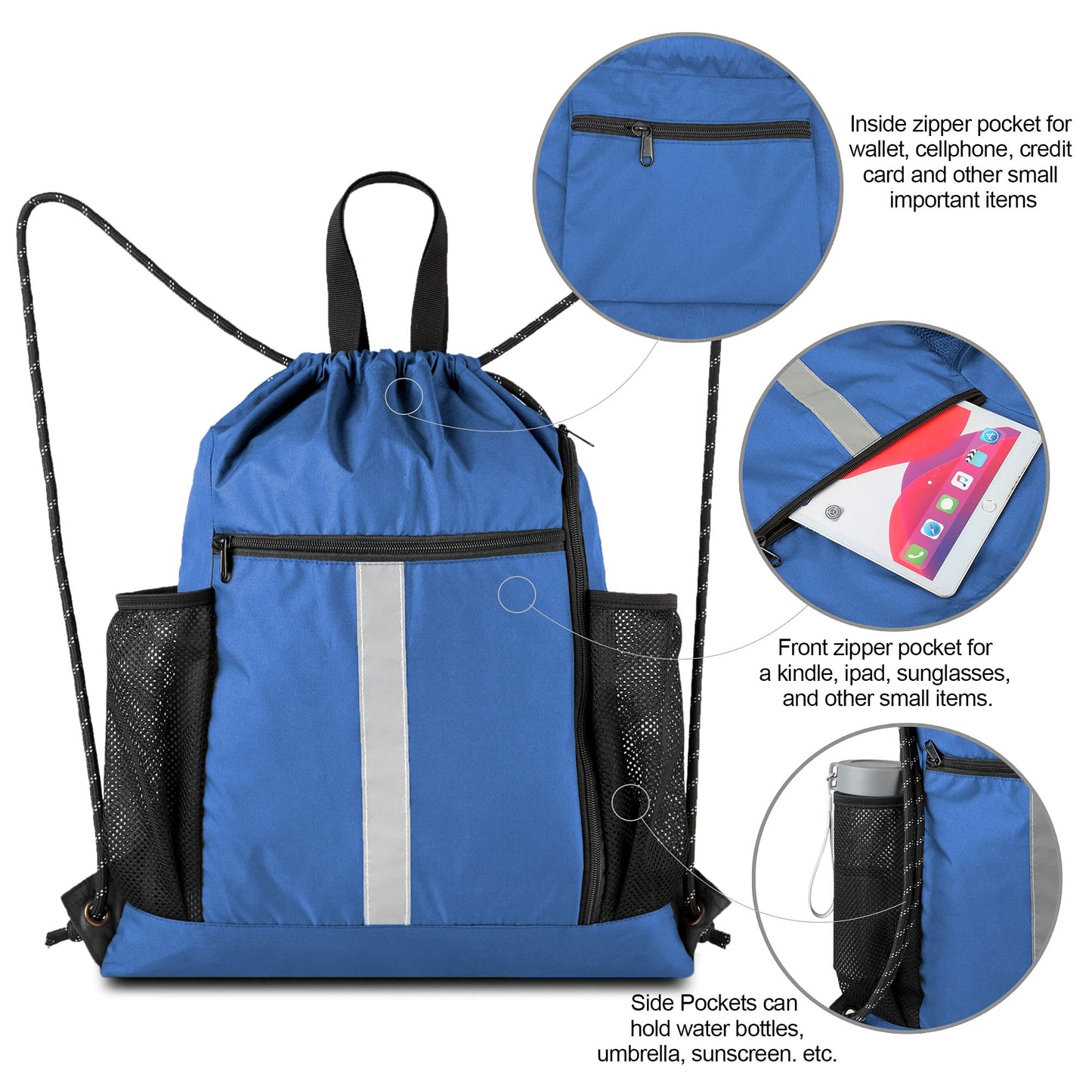 BeeGreen Royal Blue String Backpack Bag Cinch Sack with Shoe Compartment and Two Side Mesh Pockets Lightweight Sturdy Drawstring Gym Sackpack 1 Pack for Unisex