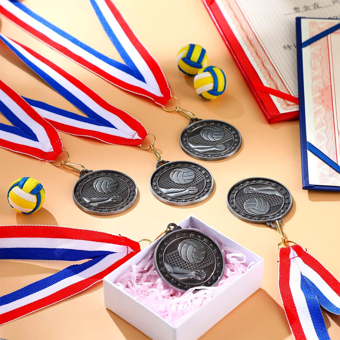 Remuuly 30 Pcs Silver Medals Bulk 2'' Basketball Soccer Volleyball Hockey Medals for Awards Metal Trophy with Neck Ribbons for Sports Participation Winner Tournaments Gift(Volleyball)