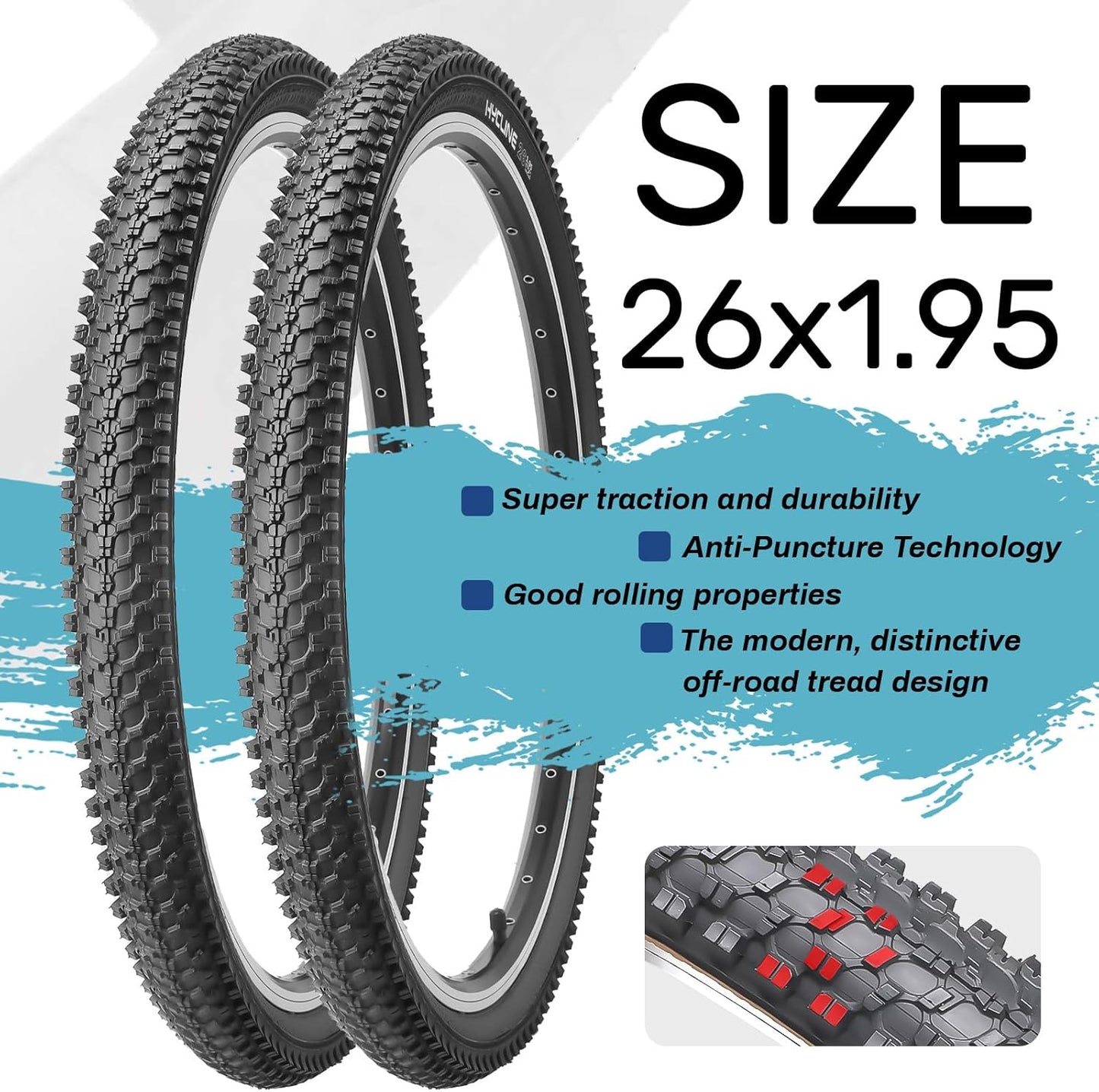 Hycline 2-Pack Mountain Bike Tires Set: 20/24/26/27.5-inch Folding Replacement Puncture-Resistant Bicycle Tires and Pair 20/24/26/27.5-inch Inner Tubes with Tire Levers for MTB Off-Road Bike