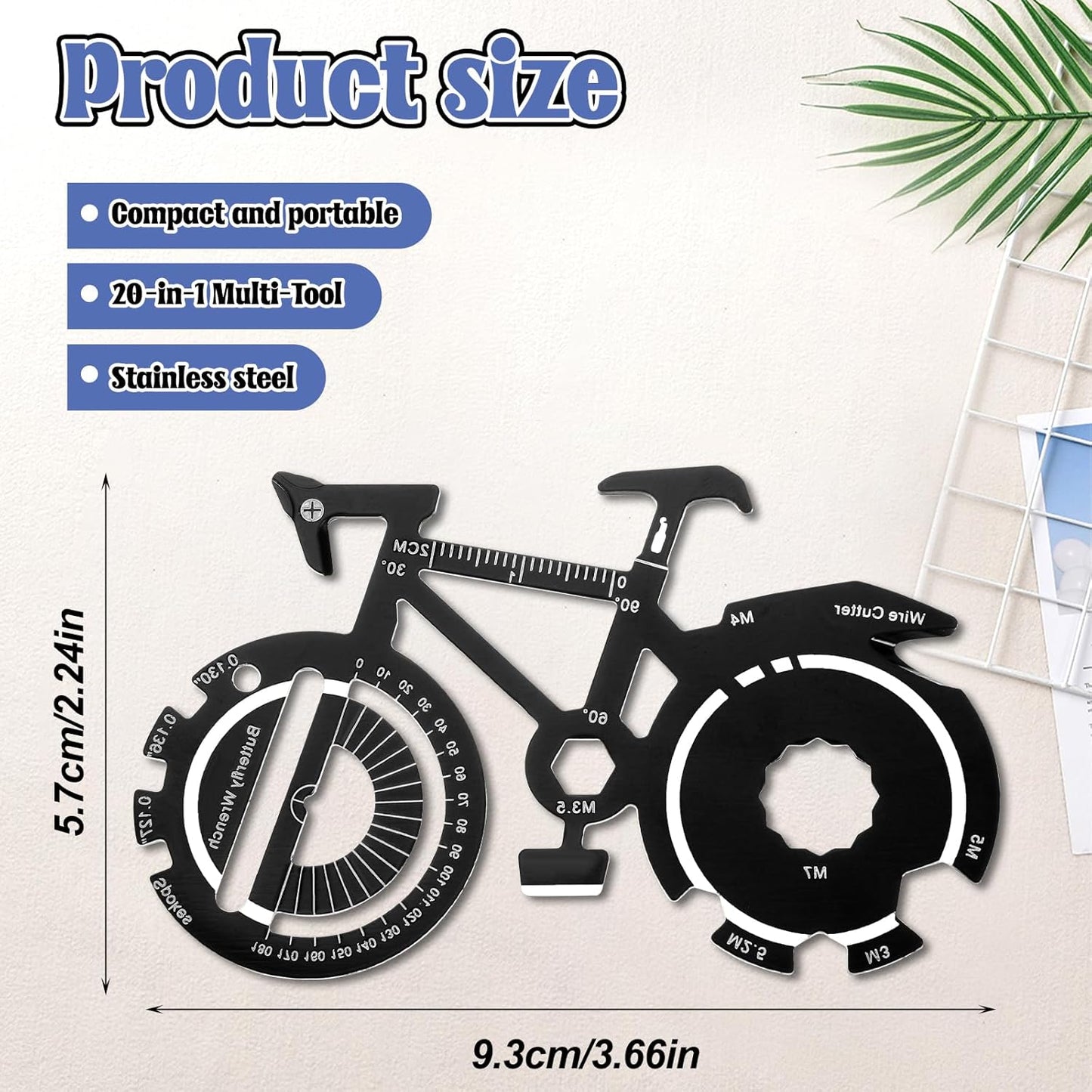 20 in 1 Bicycle Shaped Keychain Multitool Card - Pocket Multi-Tool for Bike Lover Men Key Chain gift for Dad Husband Birthday Father's Day - Black Stainless Steel