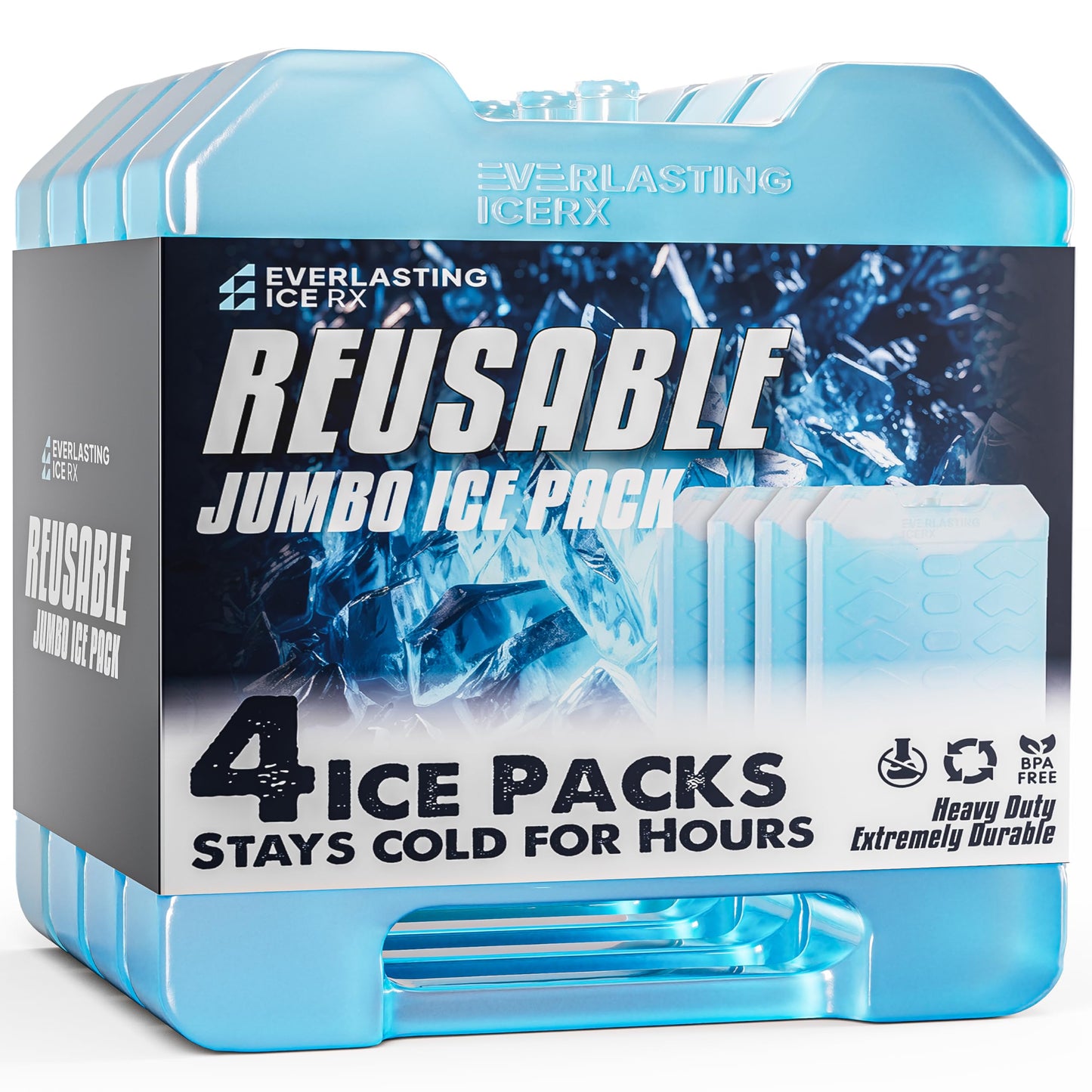 Jumbo Reusable Ice Packs for Cooler with Handle (4 Pack) Long Lasting Coolness, BPA Free, Freezer Packs for Extended Cooling | Cooler Ice Packs for Camping, Fishing, Hiking, Beach