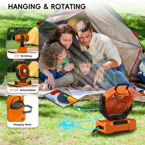OUTTPLY 20000mAh Portable Camping Fan, Rechargeable Battery Powered Fan with Remote Control & Oscillating, LED Display, Light, Timer, Rotation, Hanging Hook for Outdoor Camp, Beach, Travel Tent