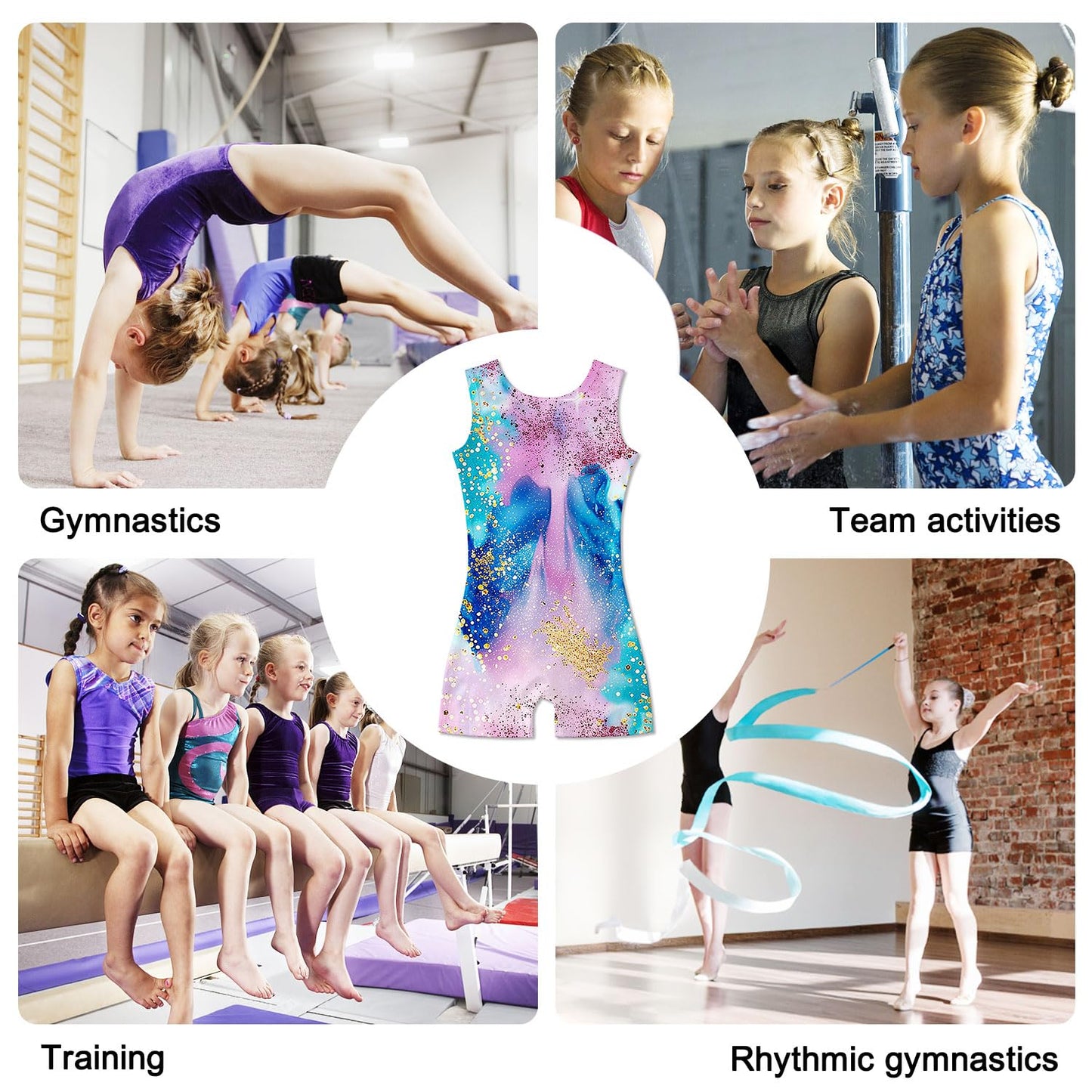 Funnycokid Gymnastics Leotards for Girls Kids Outfits Sparkly Unitards Clothes with Shorts, Diamond Blue Pink, 6-7 Years