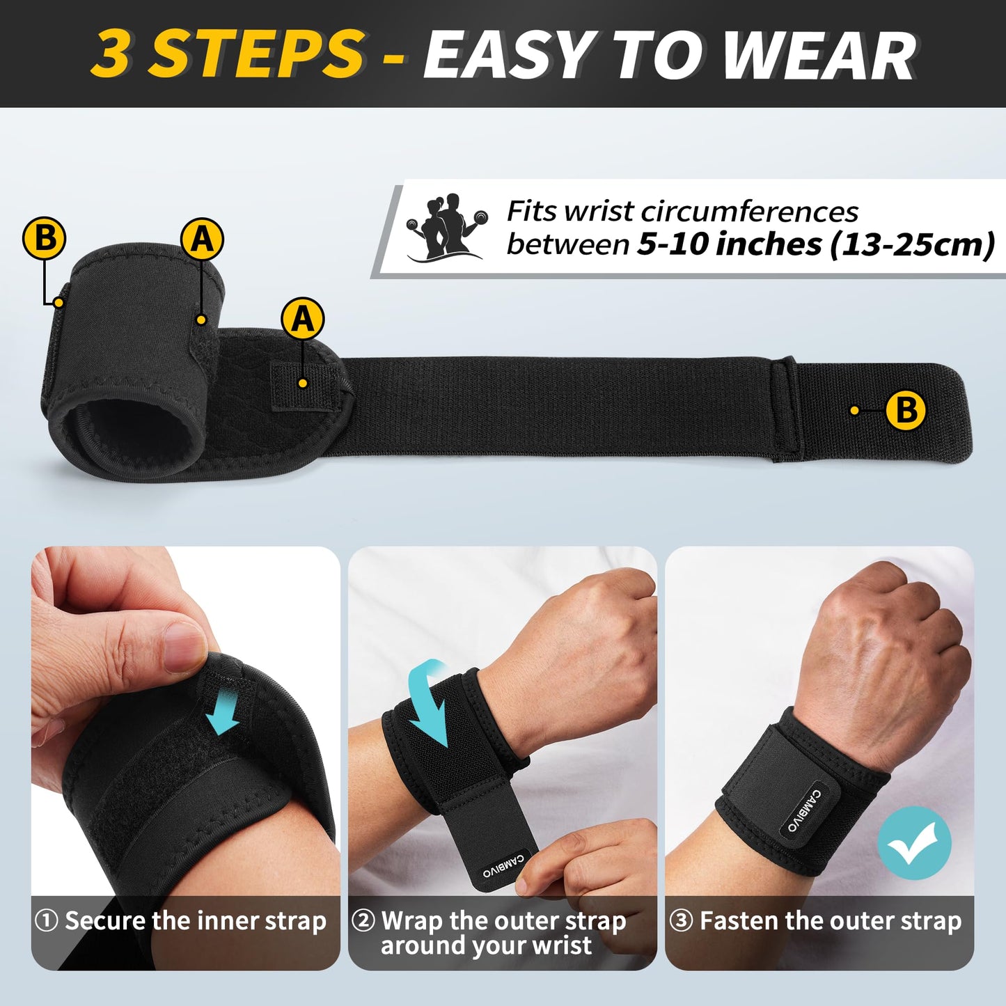 CAMBIVO 2 Pack Wrist Brace for Carpal Tunnel with wraps, Black