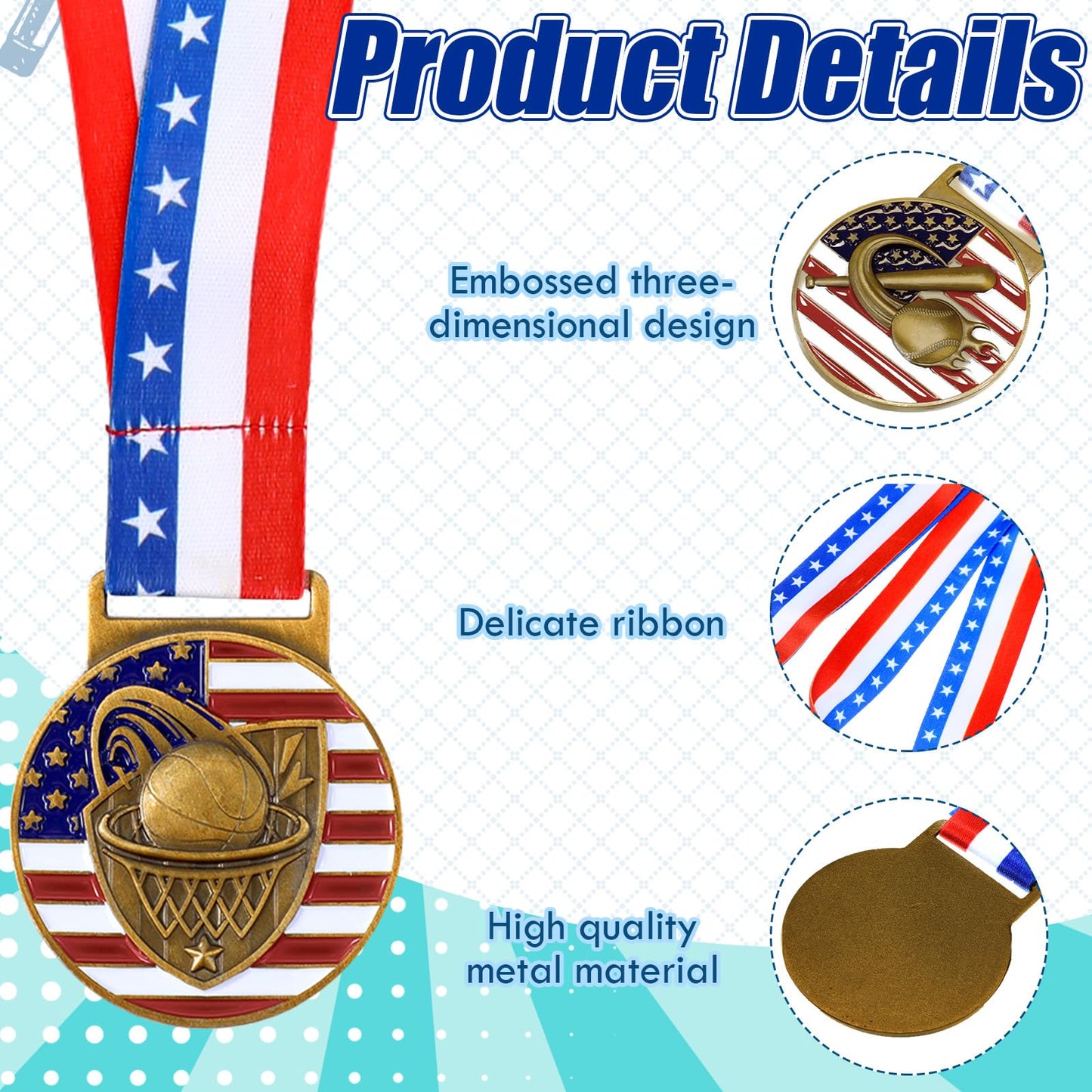 Loetere 30 Pieces Basketball Patriotic Medal Gold Medal Bulk Basketball Trophy with Neck Ribbon Spirit Medallion with Stars Stripes American Flag for Sports Trophy Participation Winner Gift