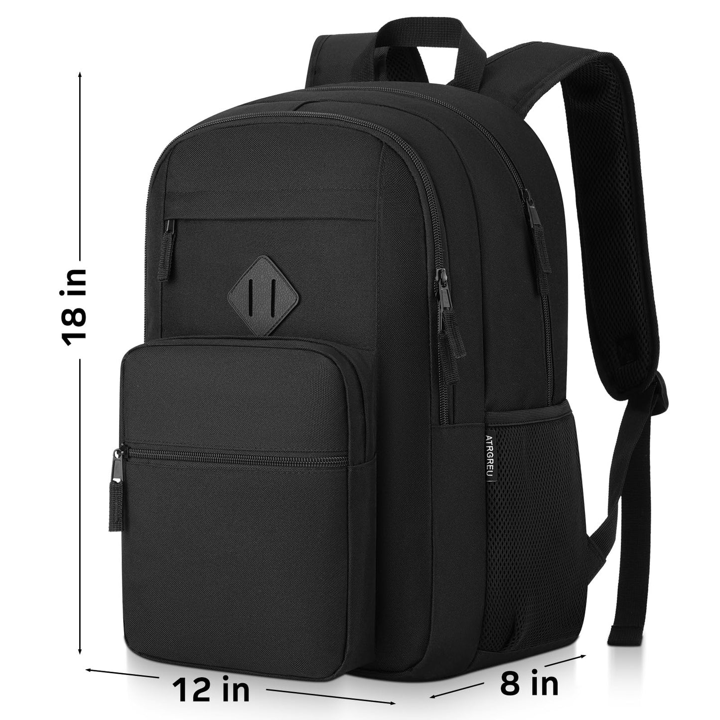 Atrgreu Black Backpack for Men and Women, Lightweight School Backpack Teen Boys Girls, Casual Bookbag, Daily-use Travel Laptop Backpack Fits 15.6 Inch Notebook