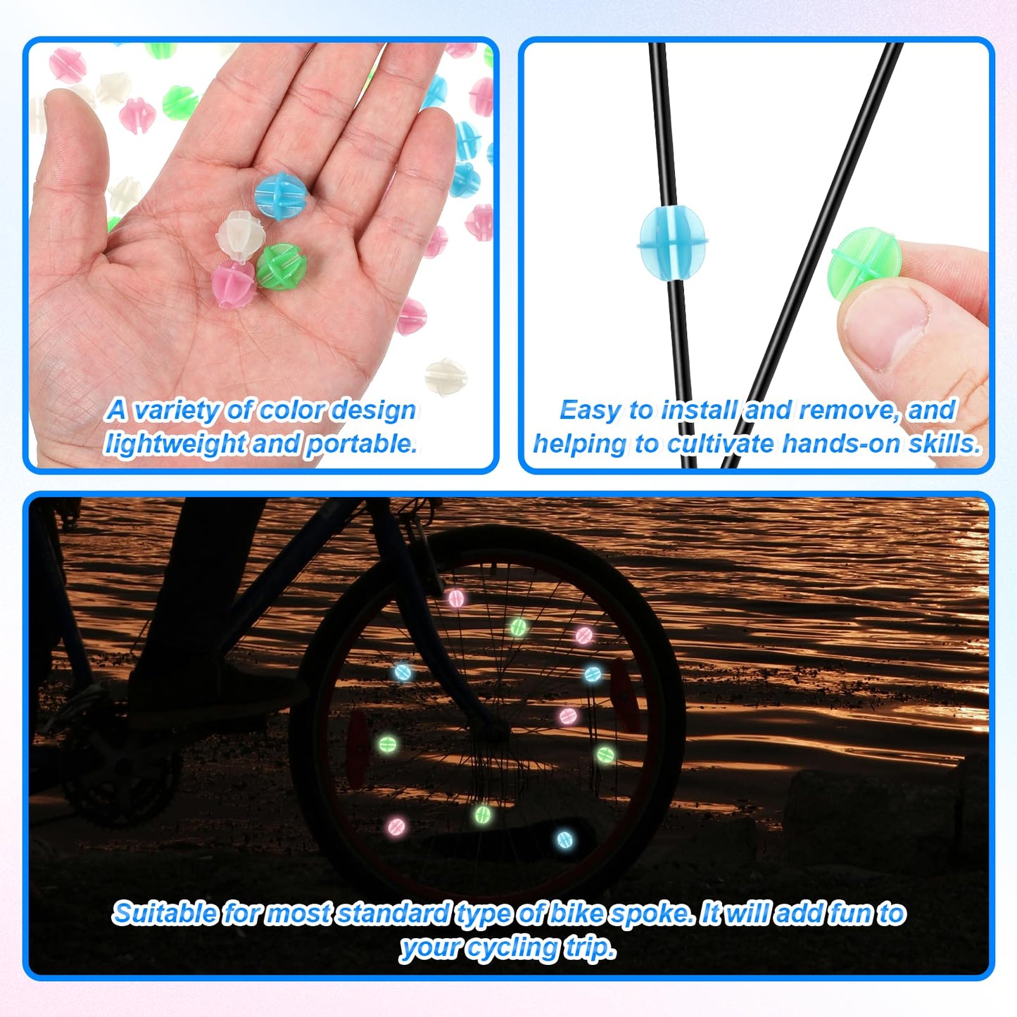 JIYIN 144 Pcs Bike Spoke Beads Glow in The Dark, Colorful Plastic Luminous Bicycle Wheel Spokes Clip Beads, Round Bicycle Wheel Spokes Luminous Plastic Bead Noise Making Decorations