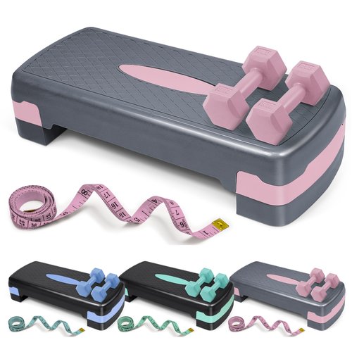 Aerobic Stepper Set with Dumbbells & Measuring Tape, Adjustable Height 2 Level Risers Workout Exercise Step Platform, Pink Grey, the Ultimate Gift for a Joyful Holiday and Merry Christmas