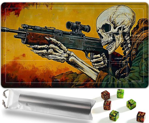 for MTG Playmat with Zones, 24 x 14 in Strong Edge Stitching Card Mat, for TCG and Board Game Mat, for Magic The Gathering Playmat with Storage Bag and 6 Dice, Skeleton Gunners Pattern