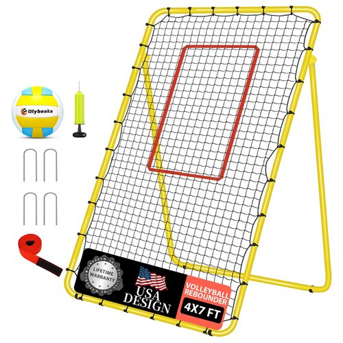 5-Angle Adjustable Volleyball Rebounder Net 7x4ft, Durable & Portable Bounce Back Training Equipment for Practicing Volleying Bumping Spiking with High-Tension Net, PU Volleyball, Pump, Stakes