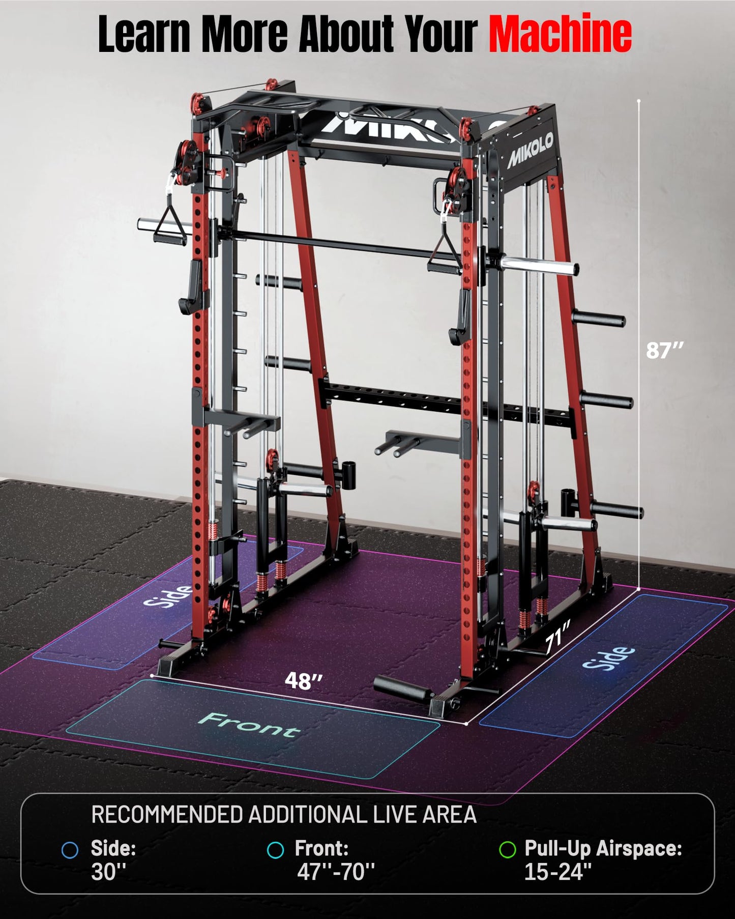 Mikolo M4 2.0 Ultra Smith Machine, Multi-Function Squat Rack with LAT-Pull Down System & Cable Crossover Machine, Training Equipment with Leg Hold-Down Attachment, Red