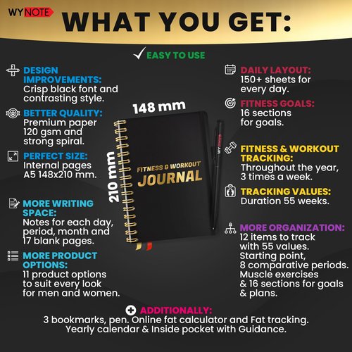 Fitness Journal Black on 150+ Workouts Yearly Calendar 55 Tracking Values - A5 Workout Journal with Fat tracking Muscle Exercises - Planner to 12 items to track 7 comparative periods + Goals