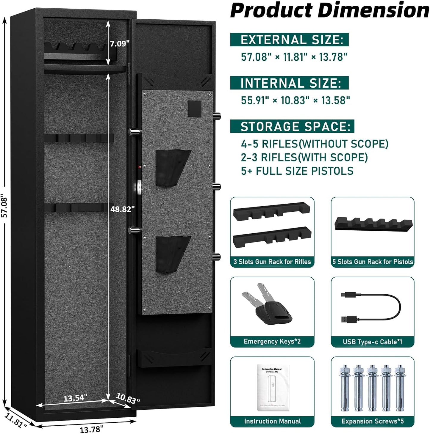 Kavey 5-8 Gun Safe, Long Gun Safe for Home Rifle and Pistols with Backlit Keypad, Quick Access Gun Cabinet with LED Light and Removable Shelf