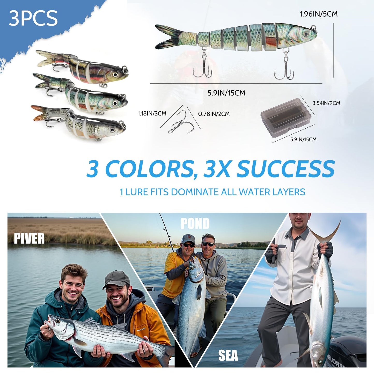 ICETIGER Bionic Fishing Lures for Freshwater and Saltwater,All-Waters Swimbait for Bass Trout Walleye Crappie Pike Bluegill Salmon,3-Pack Multi Jointed Lifelike Slow Sinking Fish Bait Kit