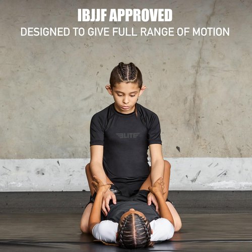 Elite Sports Kids Jiu Jitsu BJJ Rash Guard, Short Half Sleeve Compression Shirt for Youth Boys Girls Sports Nogi Training Black
