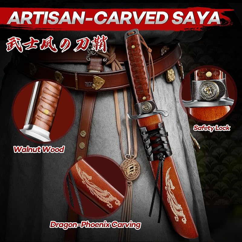 Fixed Blade Knife with Walnut Sheath - Japanese Tanto D2 Steel, Engraved