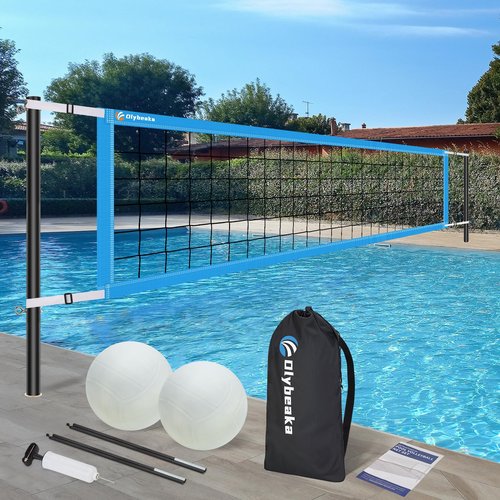 Base Free Swimming Pool Volleyball Net Set for Above Ground/Inground Pools with 3-Height Adjustable Aluminium Poles, Durable Anti-Sagging Net, 2 Water Volleyballs and Carry Bag (Blue)