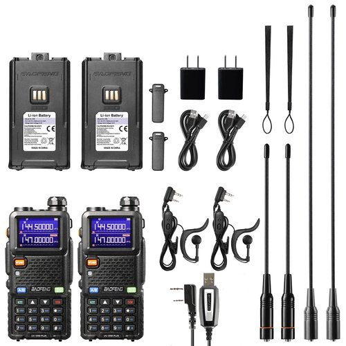 BAOFENG UV-5RM Plus 10W Dual Band Ham Radio Handheld, NOAA FM Airband Receiver, Long Range Two Way Radio with 8" & 15" ANT, Programming Cable, 2500mAh Battery USB-C Port, Chirp Compatible, 2 Packs